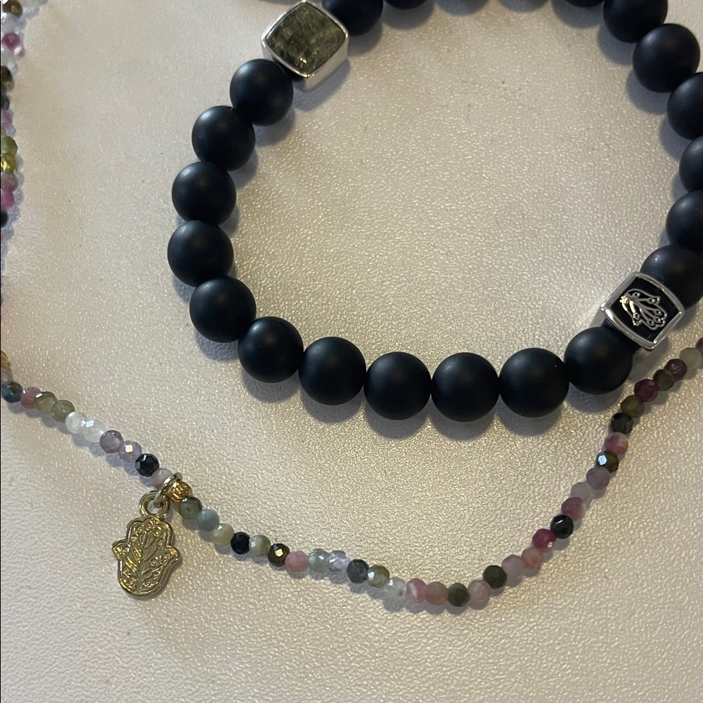 Karma and Luck Hamsa Charm Tourmaline Necklace Matte Onyx Protection Bracelet